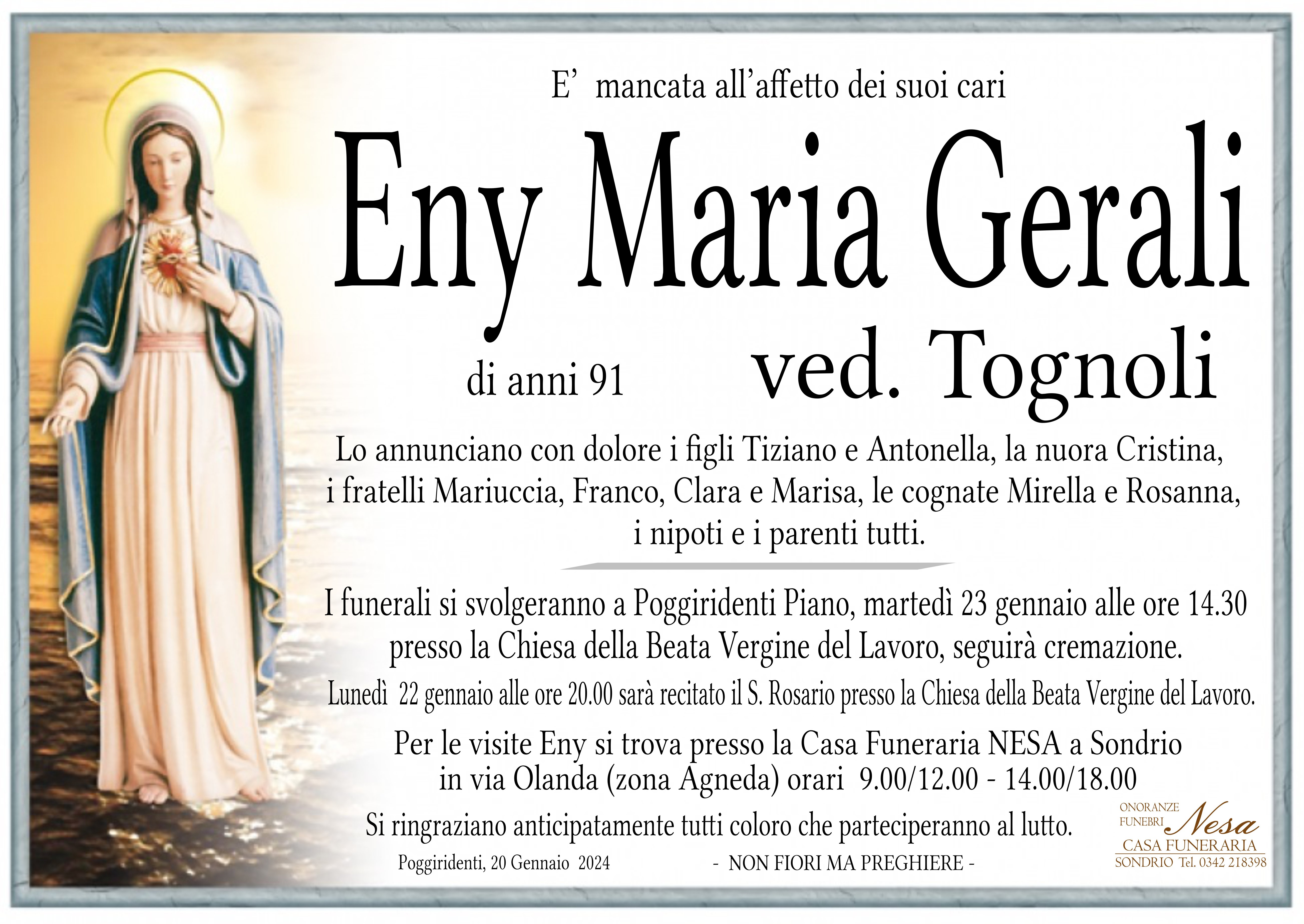 Necrologio Eny Maria Gerali ved. Tognoli